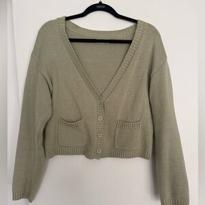 La Hearts Cropped V-Neck Button Cardigan in Sage